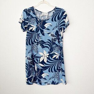 Vintage Leinaala Hawaii Blue Floral Rayon Short Sleeve Shift Dress Womens Small